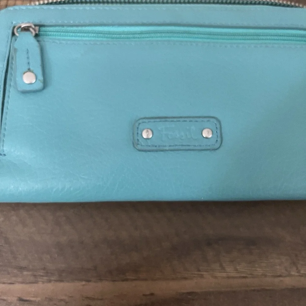 Fossil Jori‎ Flap Clutch Teal Leather Zip Wallet
